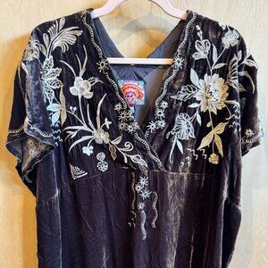 Johnny Was Velvet Tunic Dress - Dark Brown embroidered - XS